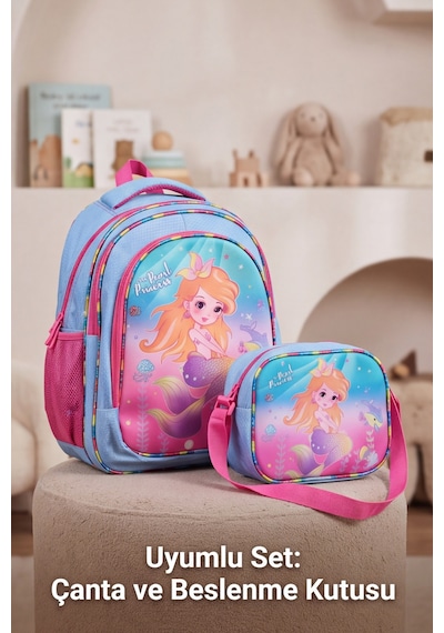Mermaid Deniz Kızı Desenli Beslenme Çantalı İlkokul Ve Anaokulu Sırt Çantası Seti Ergonomik Çocu... Pembe