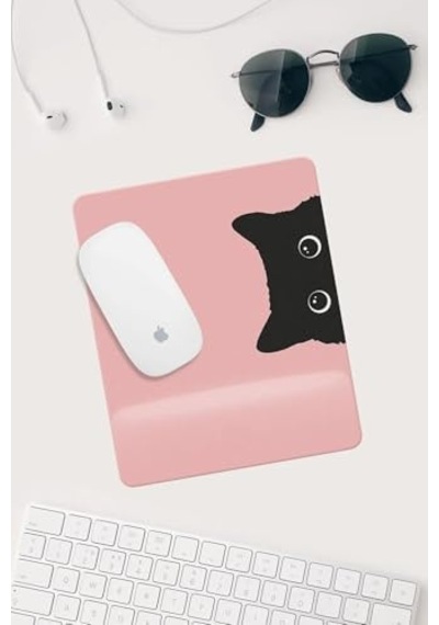 Hobishop 105 Pembe Kedi Çizimli Bilek Destekli Dikdörtgen Mouse Pad Mouse Altlığı. Pembe