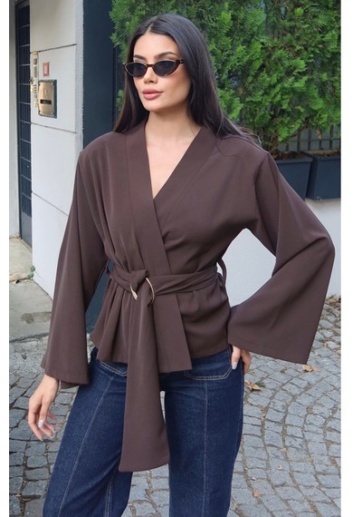 Kechi Woman Krep Kumaş Kruvaze Kemerli Kimono Bluz Kahverengi