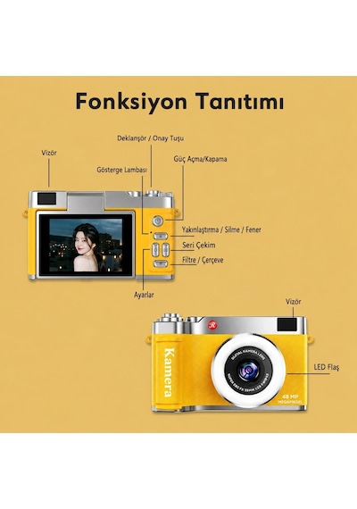 4k Çantalı Dijital Retro Video Kamera 48mp 16x Zoom Işıklı 32gb Kart Dijital Fotoğraf Makinesi Sarı