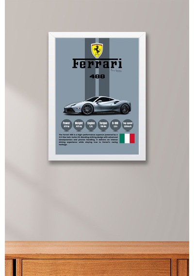 Ferrari 488 Premium Süper Araba Tablosu - Teknik Özellikli İtalyan Otomobil Duvar Dekoru Beyaz