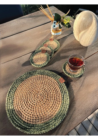 4 Adet Yuvarlak Kılfılı Bardak Altlığı- Leke Tutmaz- Naturel-yeşil 13x13 Cm Yeşil