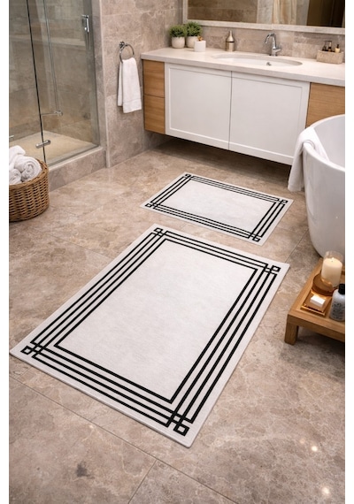 Modern Çizgili Çerçeve Banyo Paspası Kaydırmaz Tabanlı Yumuşak 2 Li Set Beyaz