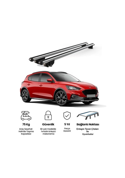 Kanca Ford Focus Active 2018 Ve Sonrası Uyumlu Gri Kilitli Ara Atkı 110cm Port Bagaj Tavan Barı