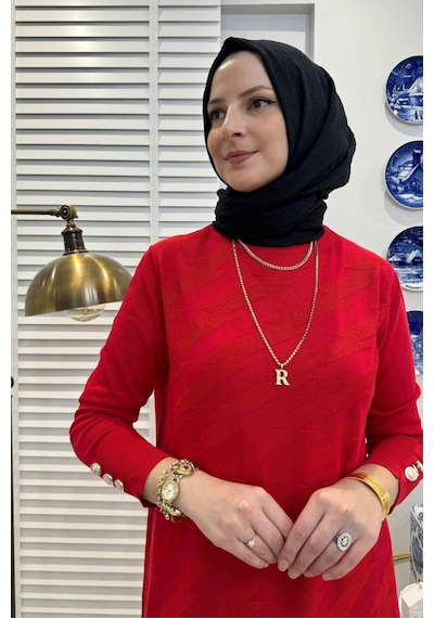 Rabia Şamlı Bilge Kırmızı Triko Tunik Çok Renkli