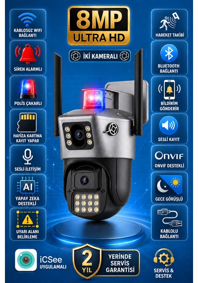 8mp Wifi 2 Kameralı Siren Alarmlı Uyarı Işıklı Gece Görüşlü Adaptörlü Güvenlik Kamerası