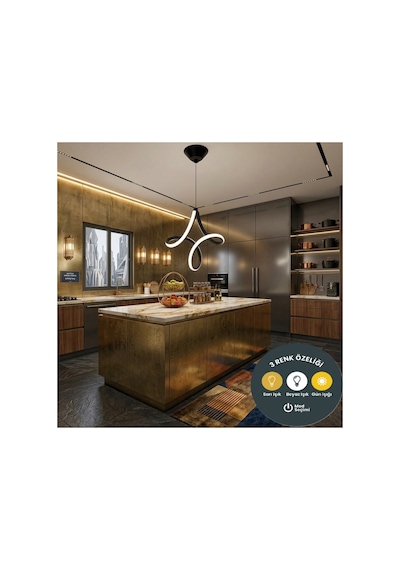 Vortex Design Siyah Modern 3 Renk Ledli Mutfak Sarkıt Avize - Sarı Beyaz Gün Işığı