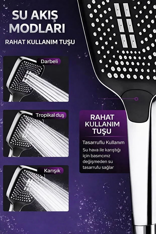 Duş Başlığı 3 Modlu Xxl Geniş Yüksek Basınçlı Su Tasarruflu Krom - Siyah