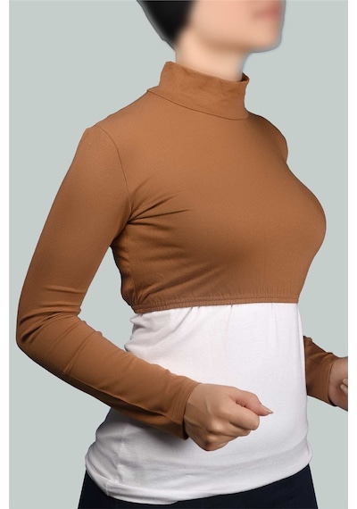 Altobeh Uzun Kol Balıkçı Yaka Boğazlı Likralı Penye Kadın Yarım Body - Taba