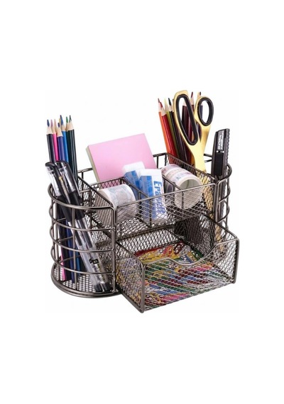 Temel Nikel Metal Mesh Masaüstü Organizer Çekmeceli Çok Bölmeli 22x11x11 Cm 9507b Koyu Gri