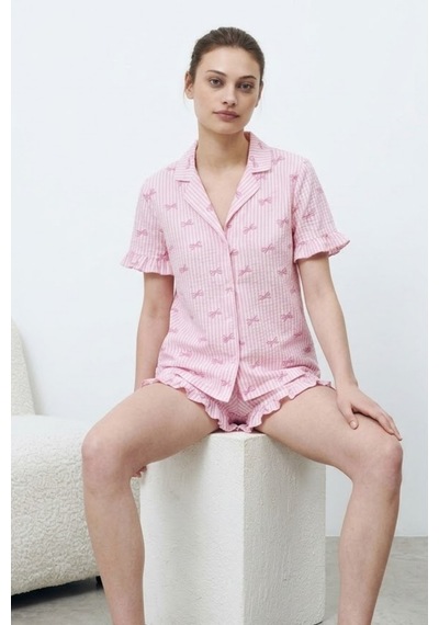 Kadın Premium Fırfırlı Pembe Pijama Takımı