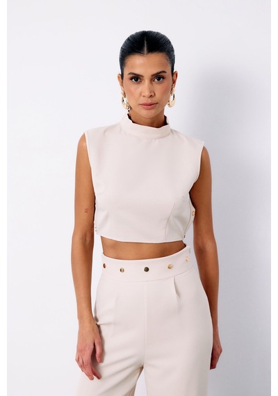 Sateen Çıt Çıt Detaylı Crop Bluz - Bej