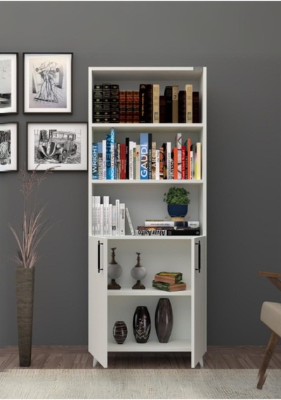 %100 Mdf Kapaklı Tekli Modül Ayaklı Beyaz Geniş Kitaplık Beyaz
