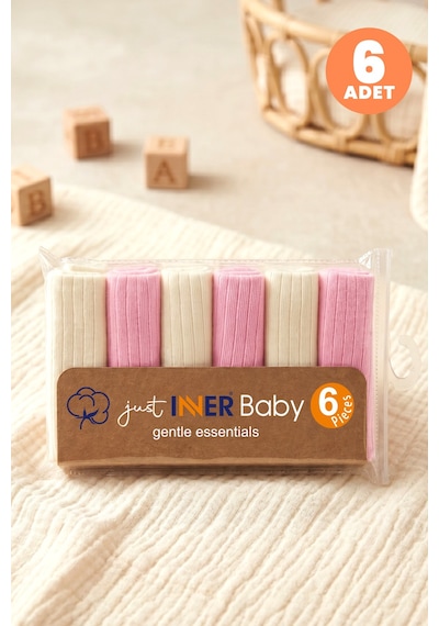 Just Inner Kız Bebek 6'lı %100 Pamuk Ağız Mendili Düz Renk Dokulu Kutulu Set Nefes Alan Doku 682201 Pembe