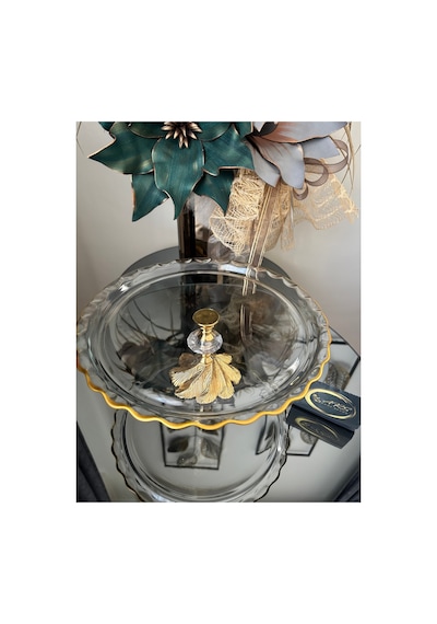 Paşabahçe Yuvarlak Şekilli Gold Yaldızlı Metal Ayaklı Dekoratif Sunumluk Modern Tabak Cam Stand Çok Renkli