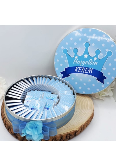 Etiket Baskılı Erkek Bebek Çikolatası Metal Kutuda 50 Adet