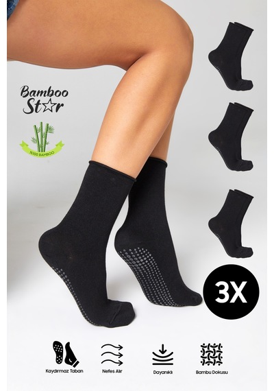 Bamboo Star Bambu Kaydırmaz Taban Silikon Baskı Umre Tavaf Umre Hamile Yoga Siyah Lastiksiz Çorap 3'lü