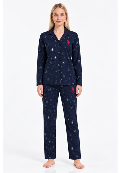 U.S. Polo Assn. Kadın %100 Pamuk Yılbaşı Temalı Pijama Takımı Lacivert