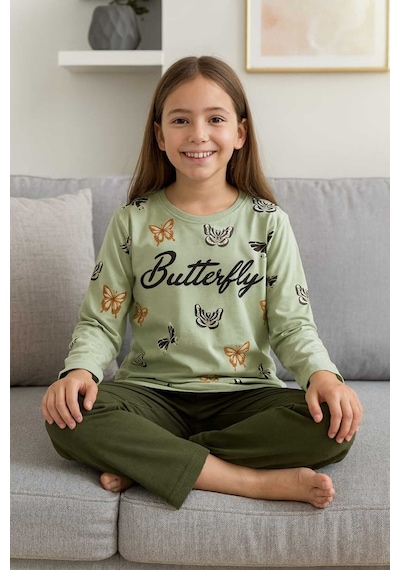 Kız Çocuk Pijama Takımı %100 Pamuk Yeşil