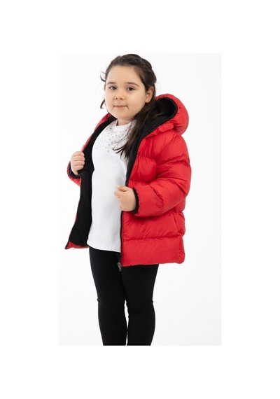 Spor Kız Çocuk Polarlı Kapüşonlu Su Geçirmez Rüzgara Dayanıklı Şişme Kışlık Mont & Kaban-213 Kırmızı