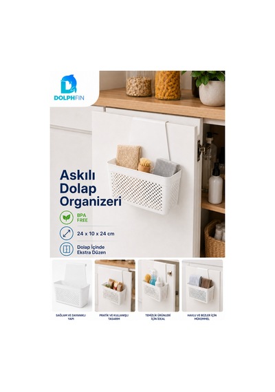 Askılı Dolap Organizeri 24x10x24 Cm Beyaz Pp Kapak Arkası Mutfak Banyo Düzenleyici Sepet