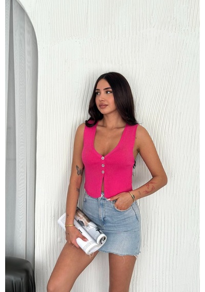Femelle Kadın Fuşya Standart Beden Düğmeli Kolsuz %100 Pamuk Triko Bluz