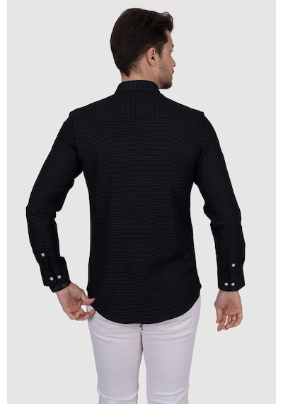 Beyaz Nokta Desenli Siyah Slimfit Erkek Gömlek Siyah