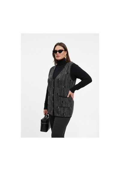 Onno Style Women Desenli Çelik Örgü Klasik Triko Yelek Siyah - Gri
