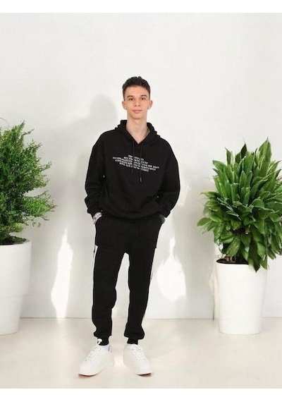 Marions Erkek Çocuk Yazılı Kapüşonlu Sweatshirt-15238 Siyah