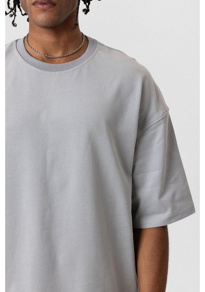 Vamos Basic Oversize Bisiklet Yaka Tişört Gri
