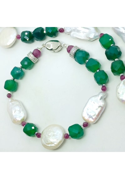 2655 Doğal İnci Akik Zirkon Yakut El Yapımı Bileklik Çok Renkli