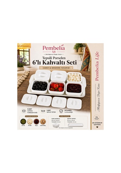 Tepsili Lüks Porselen 6'lı Kapaklı Kavaltılık Seti&kahvaltılık Set Ekru Ekru