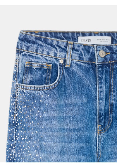 Dilvin 72365 Lyocell Karışımlı Taşlı Wide Leg Jean-mavi