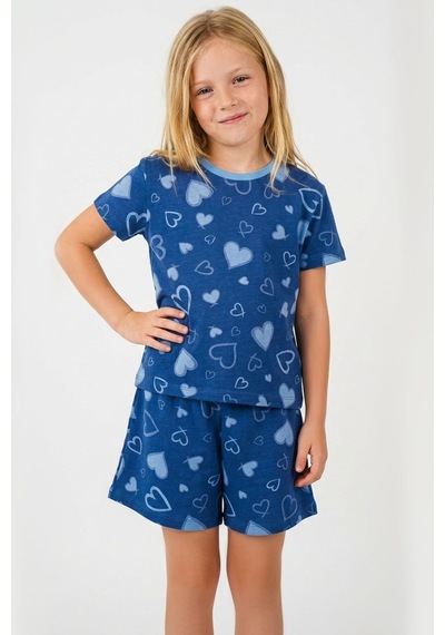 Breeze Kız Çocuk Şortlu Pijama Takımı Kalp Desenli 4-8 Yaş, İndigo