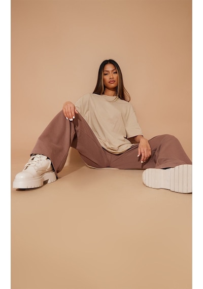 Düz Süprem T-shirt - Bej Oversize Bisiklet Yaka Kısa Kol Tişört Bej