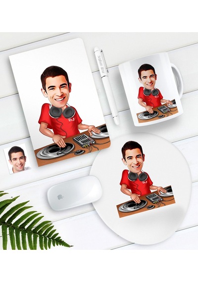 Kişiye Özel Bay Dj Karikatürlü Defter Kalem Kupa Mouse Pad Seti