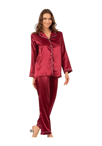 Ahu Biyeli Uzun Kol Saten Önden Düğmeli Pijama Takımı Bordo 7647 Bordo