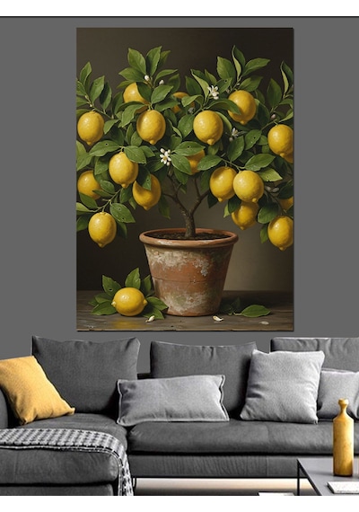 Ahşap Tablo Limon Ağacı Saksı Meyveler