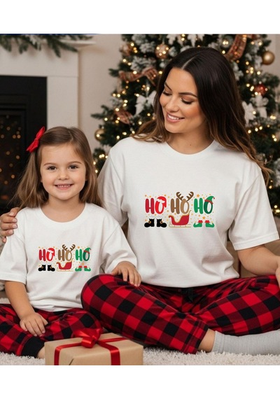 Aselinda Ho Ho Ho Baskılı Christmas Yılbaşı Tişört-aile Kombin Tişört Kombin Yapmak İçin Ürün Ekleyiniz Beyaz