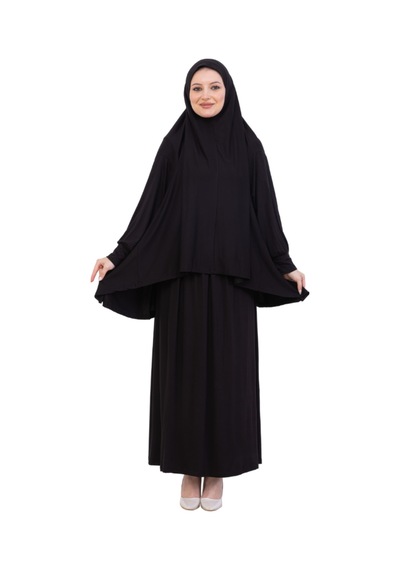 Modish Group İki Parça Namaz Elbisesi Uzun Pamuklu Tesettür Giyim Abaya & Başörtüsü Set Siyah
