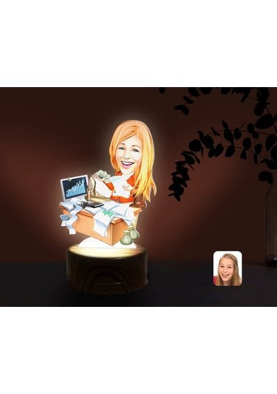 Kişiye Özel Kadın Bankacı Karikatürlü Dekoratif 3D Biblo Led Işık
