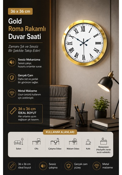 36 Cm Gold Metal Roma Rakamlı Duvar Saati