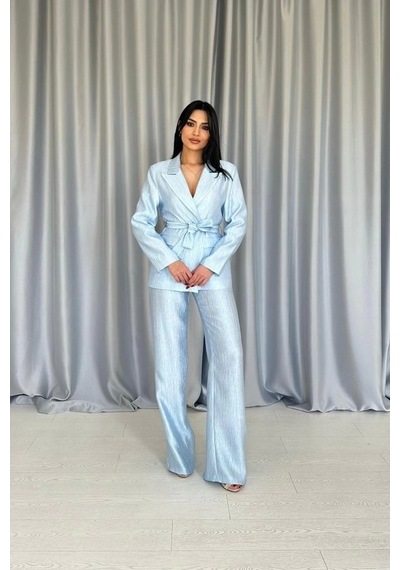Defymoda Mavi Beli Kuşaklı Ceket Ve Pantolon Parlak Takım Mavi