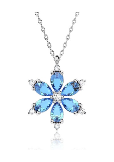 Işıklı Kutuda Aqua Taşlı Lotus Çiçeği Beyaz Gümüş Kolye Gümüş