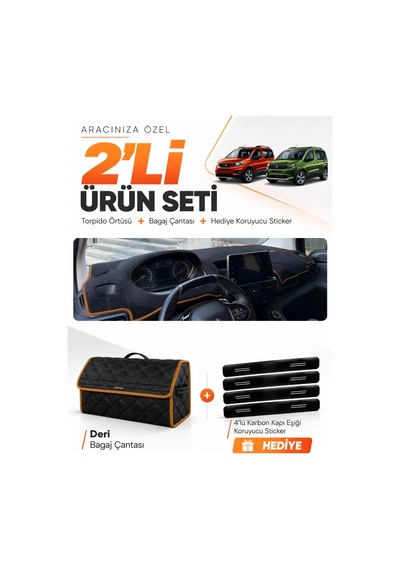 Peugeot Rifter 2018-2026 Uyumlu Torpido Örtüsü + Deri Bagaj Çantası + Sticker - Siyah Kahverengi