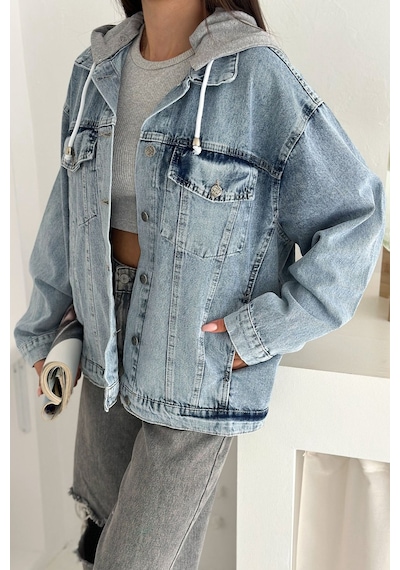 Kadın Oversize Kapüşonlu Cepli Gömlek Ceket Katmanlı & Rahat Stil Mavi
