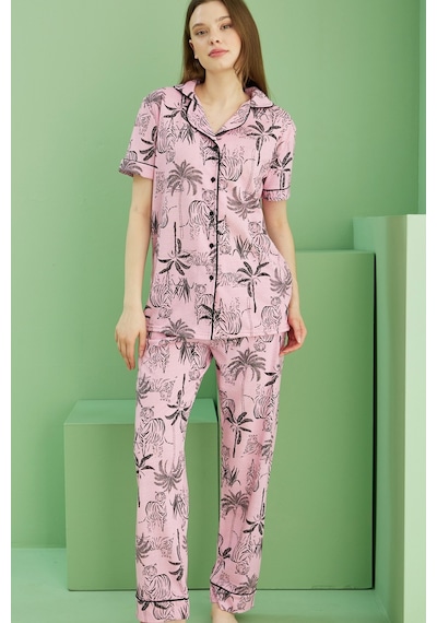 Siyah İnci Kısa Kollu Düğmeli Biyeli Pijama Takım7817 Pembe Kaplan