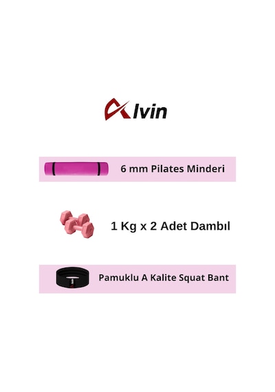 6 Mm Pilates Minderi + 2 Adet 1 Kg Dambıl + Pamuklu A Kalite Squat Bandı Fitness Egzersiz Seti Pembe