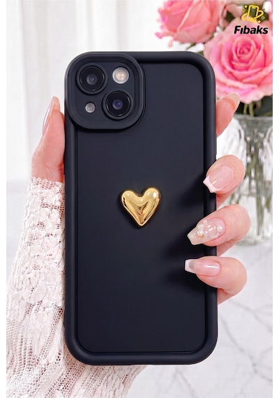 Fibaks iPhone 13/14 Uyumlu Kılıf 3d Kalp Tasarımlı Siyah Desenli Yumuşak Kamera Korumalı Silikon Kapak