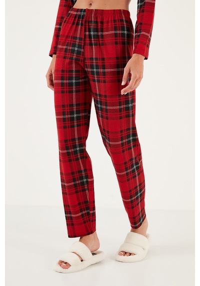 Lela Desenli Beli Lastikli Gömlek Yaka Dokuma Bayan Pijama Takımı 6095660W4 Kırmızı-Siyah